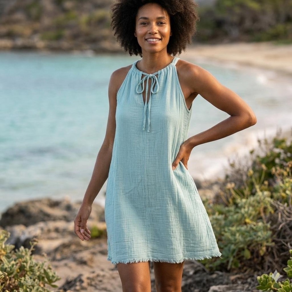 Prana Hideaways Short Dress Saltwater Blue Cotton Gauze Boho Tunic Mens M NEW